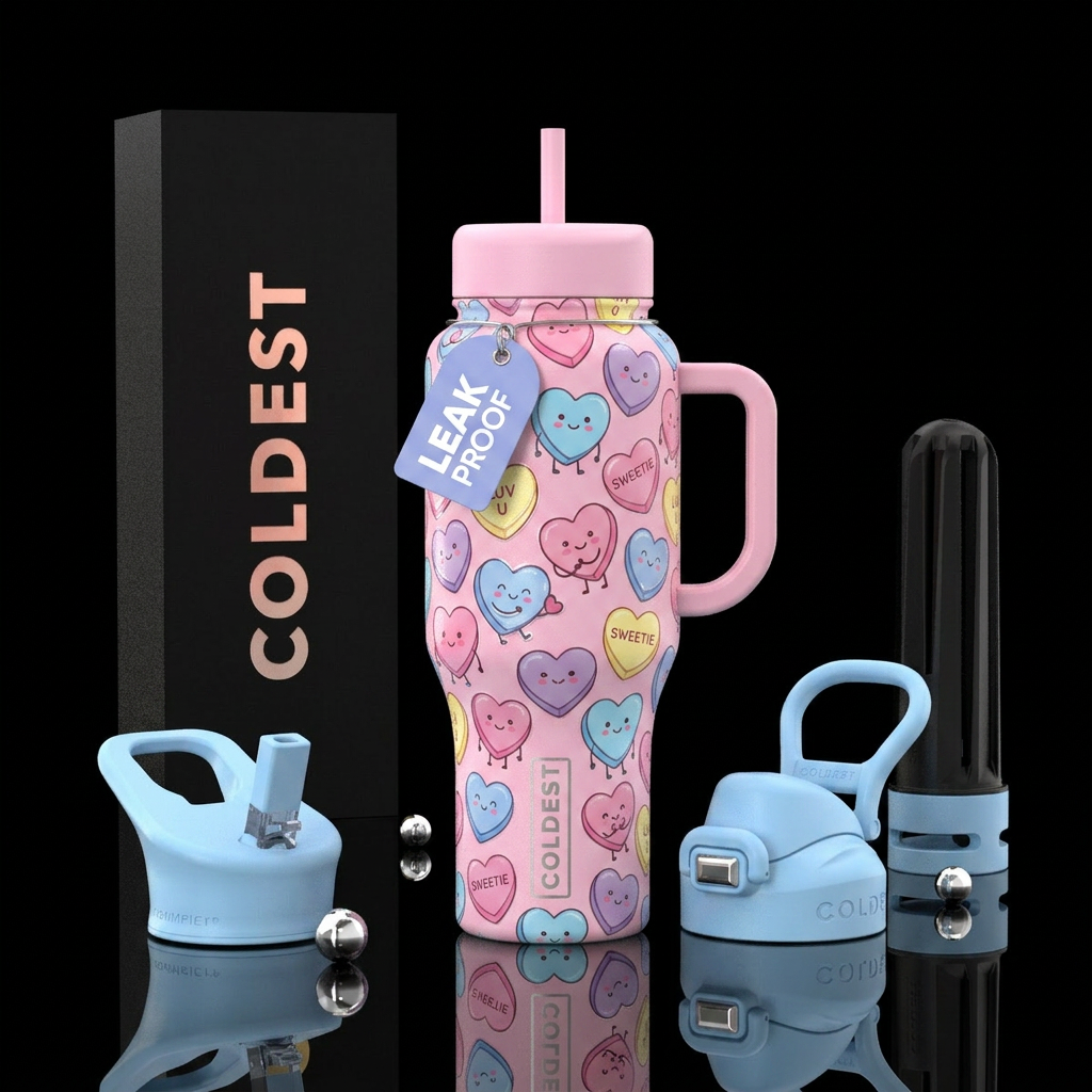 Cartoon candy heart buddies water bottle design