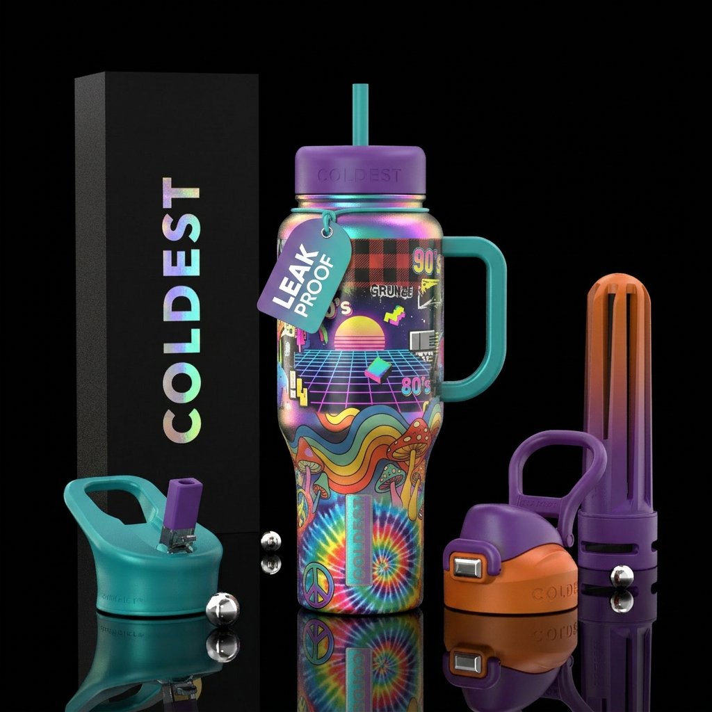 60’s, 70’s, 80’s, 90’s vibes water bottle design