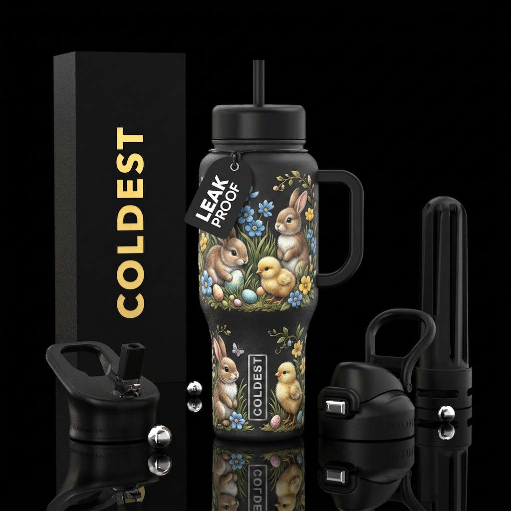 Easter bunnies hide eggs baby chicks water bottle design