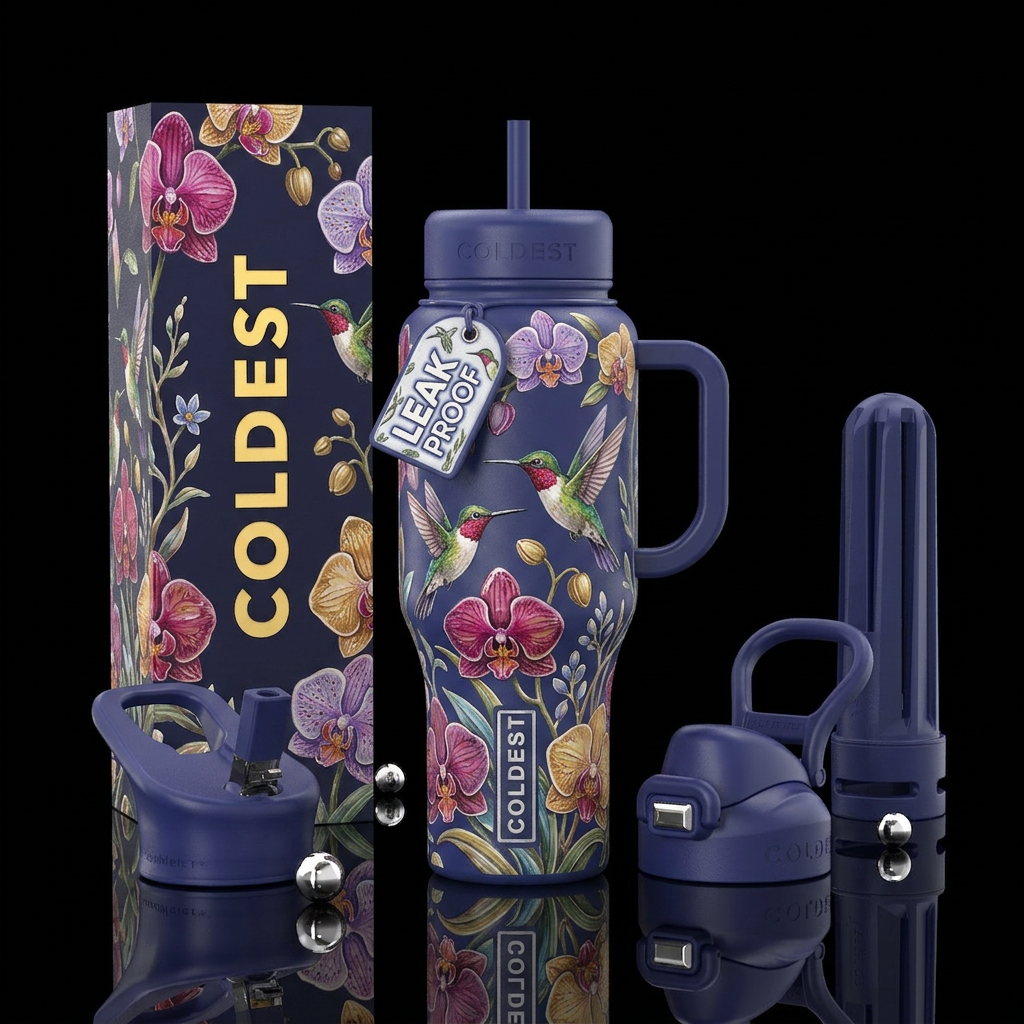 Hummingbirds, ceramics, orchid water bottle design