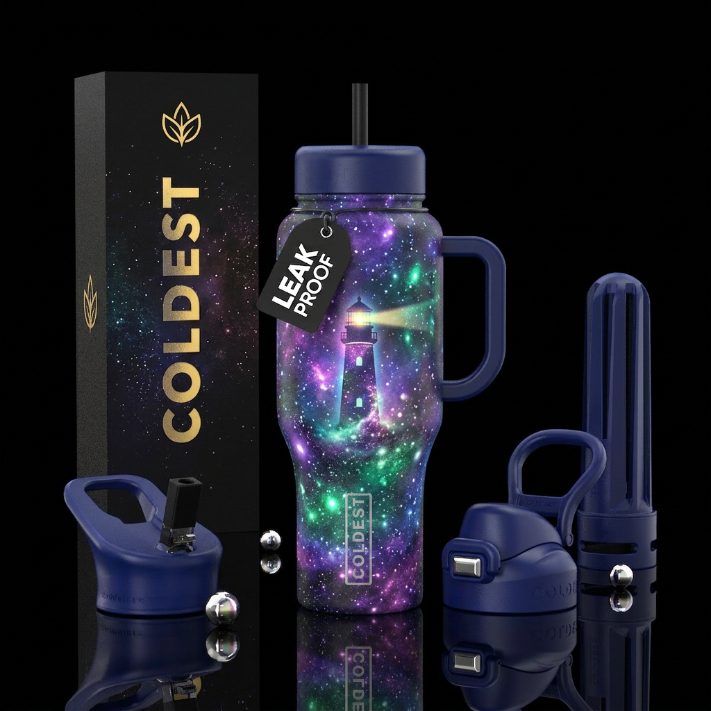 Glowie, galaxy, lighthouse water bottle design