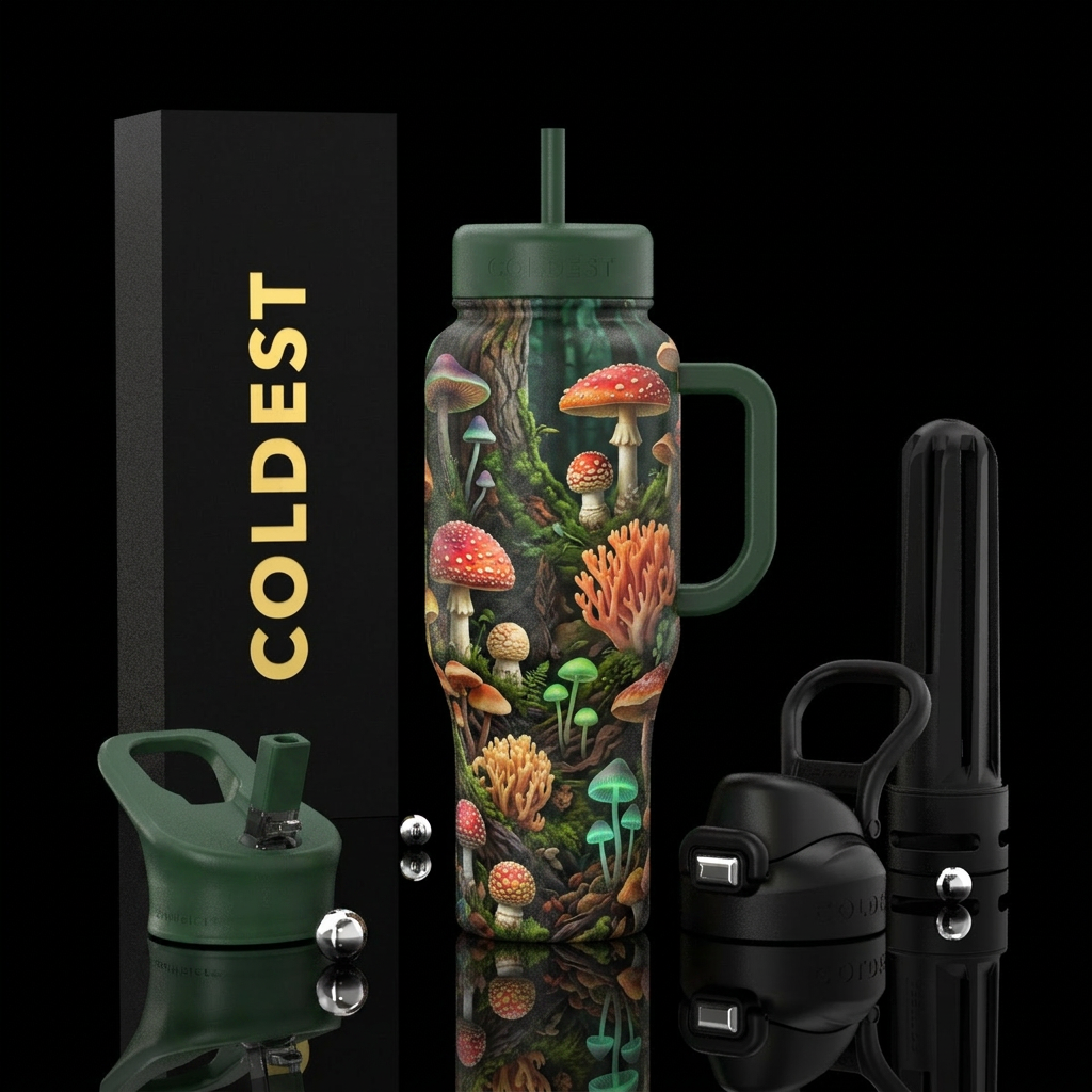 mushroom forest water bottle design