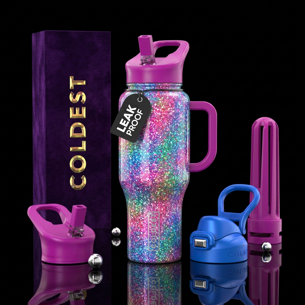 shiny, sparkly,, vibrant water bottle design