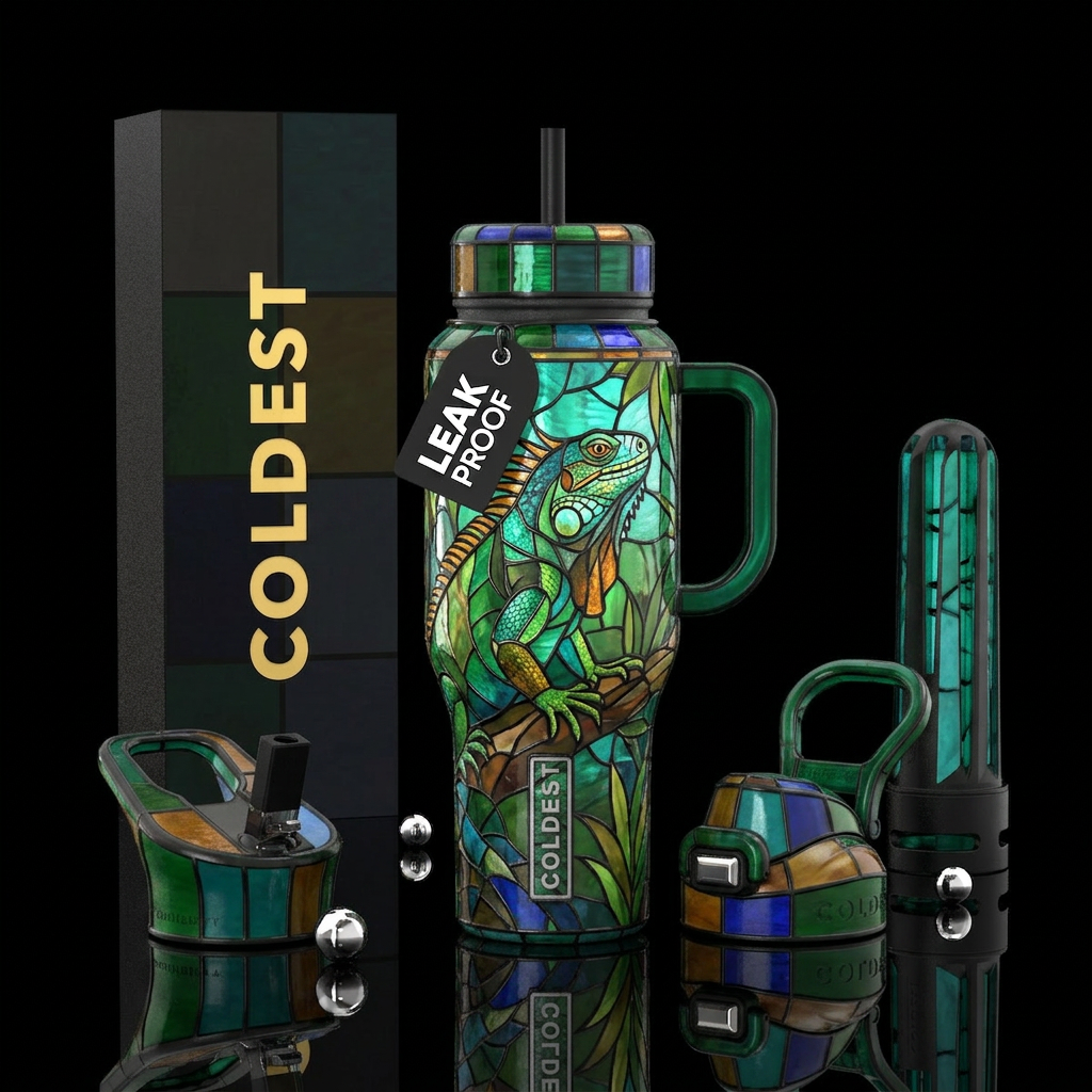 Stained glass iguana water bottle design