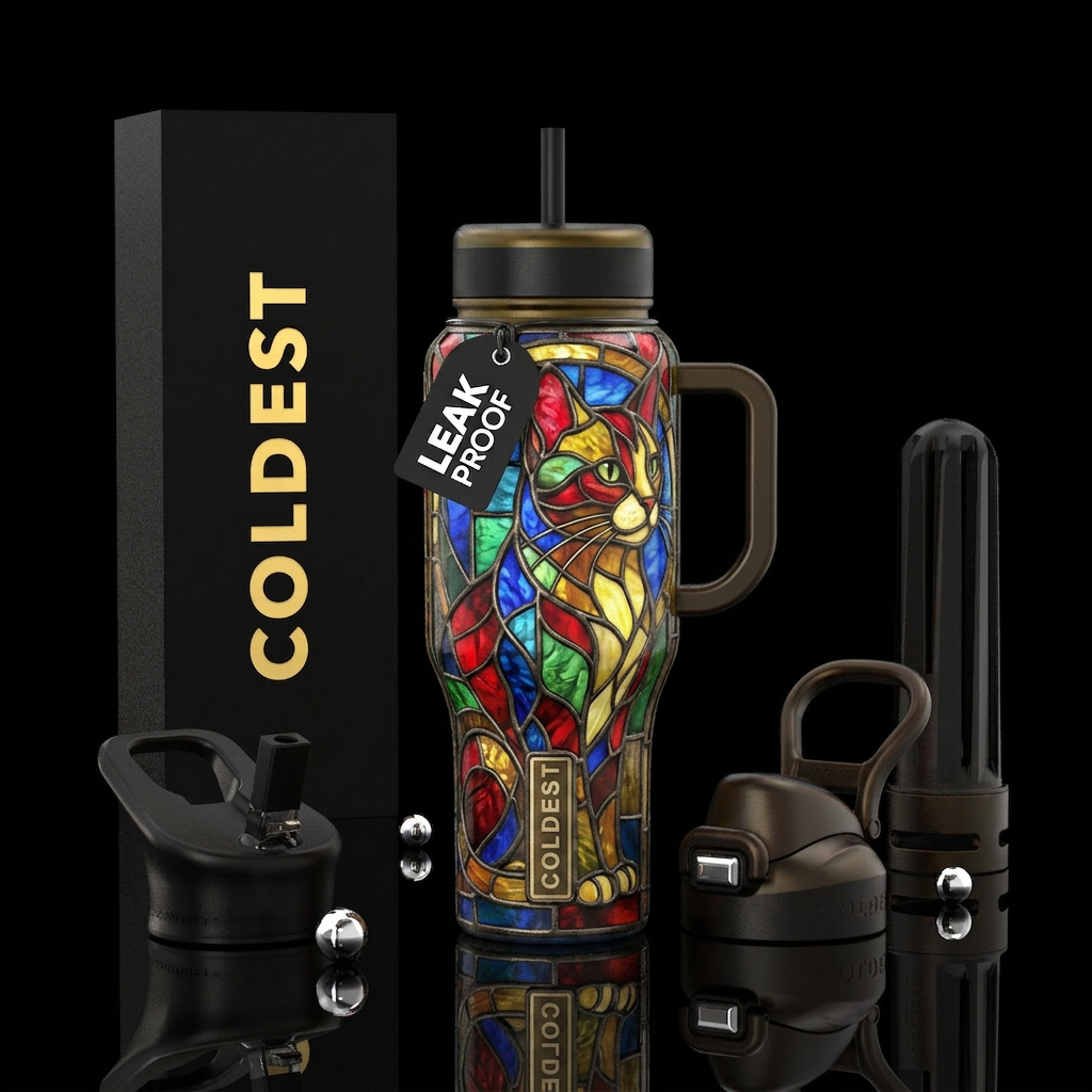 Stained glass cat, water bottle design