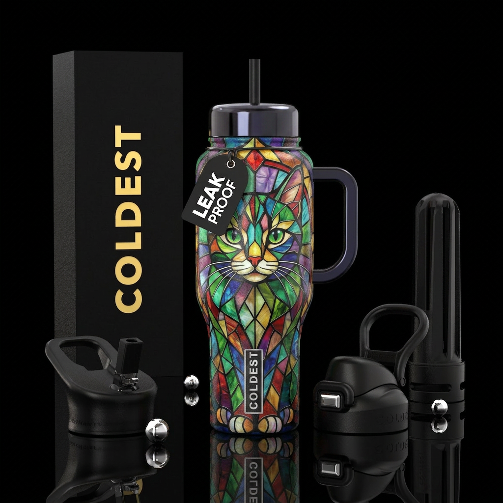 Stained glass cat, water bottle design