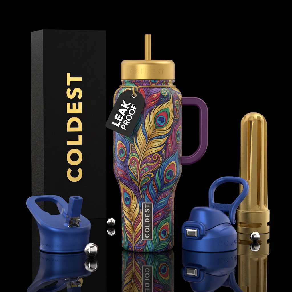 Feathers, 70’s, groovy disco water bottle design