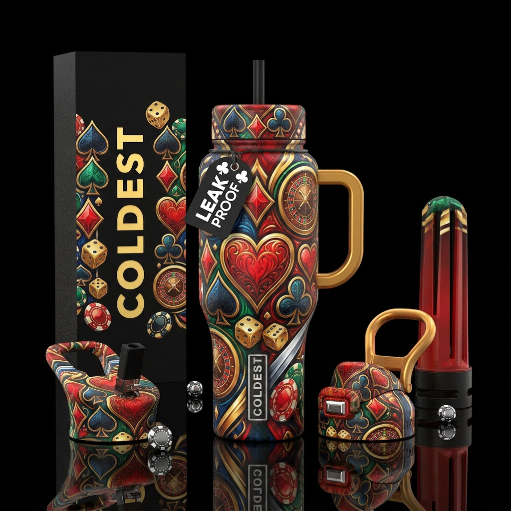 Card, dice, gambling water bottle design