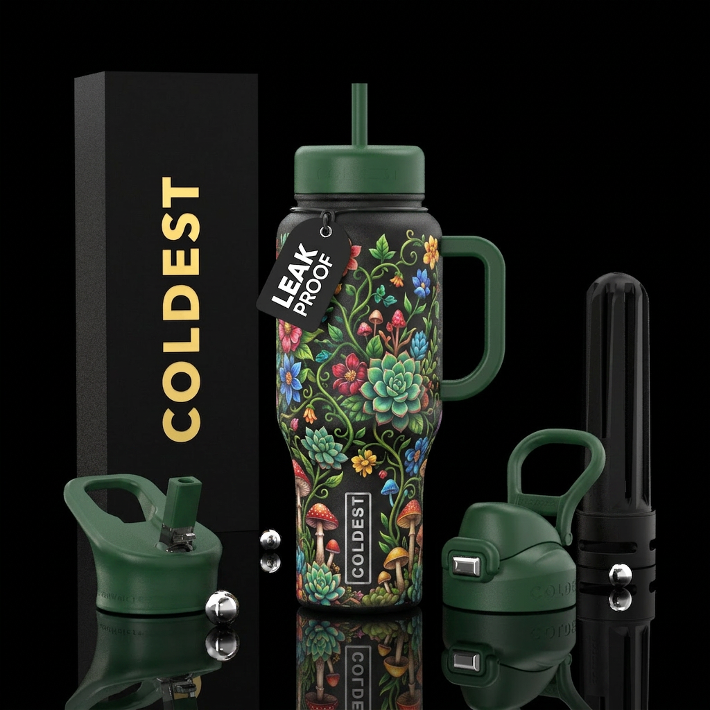 Vines, flowers, succulents, mushrooms water bottle design