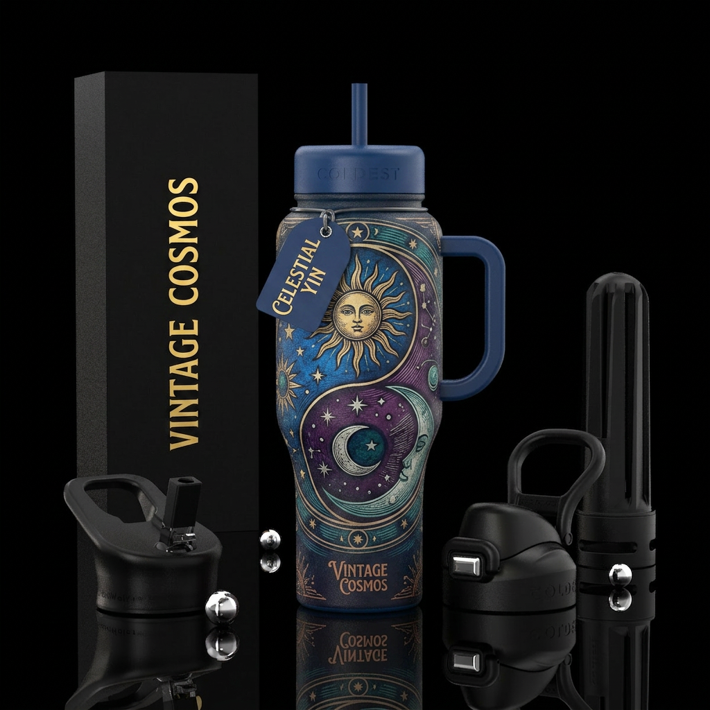 Sun, moon vintage in ying yang pattern water bottle design