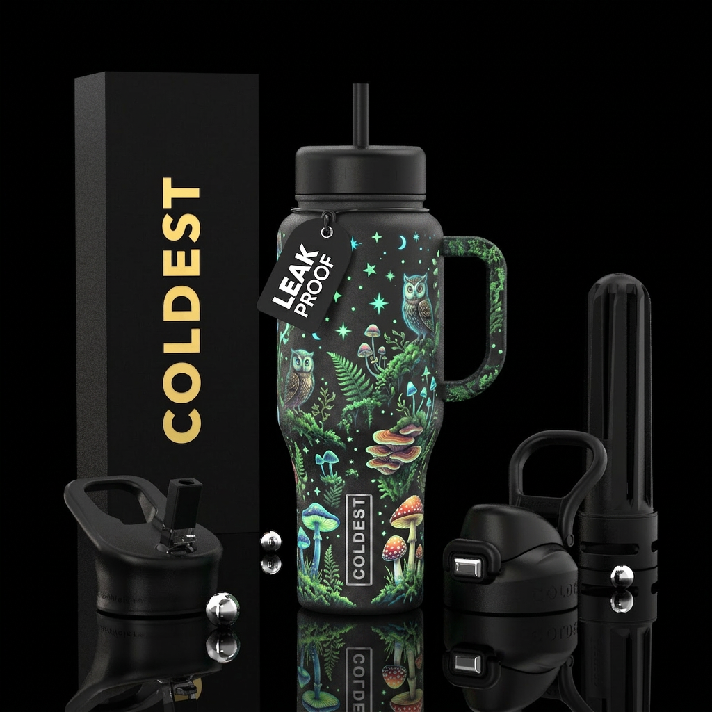 Glowie stars,, owls, nature, mushrooms water bottle design