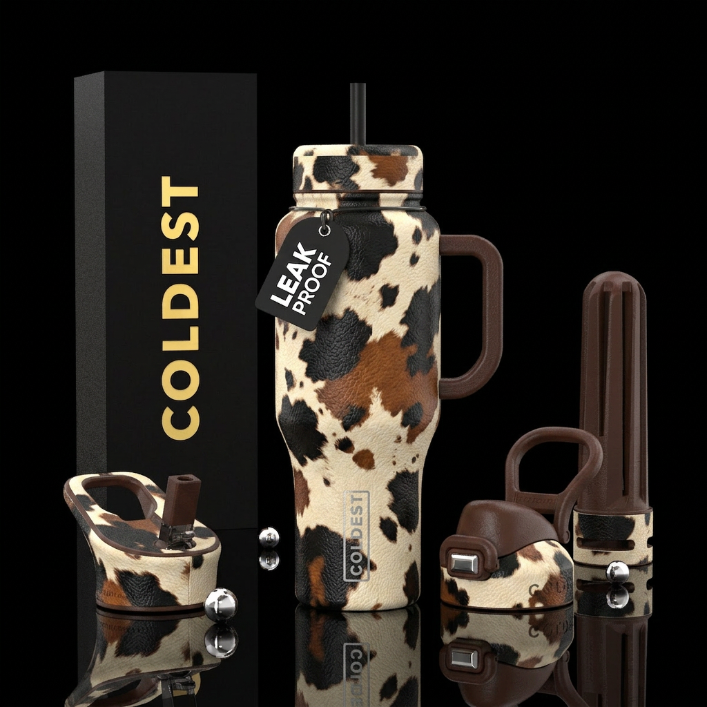 leather cow print western water bottle design