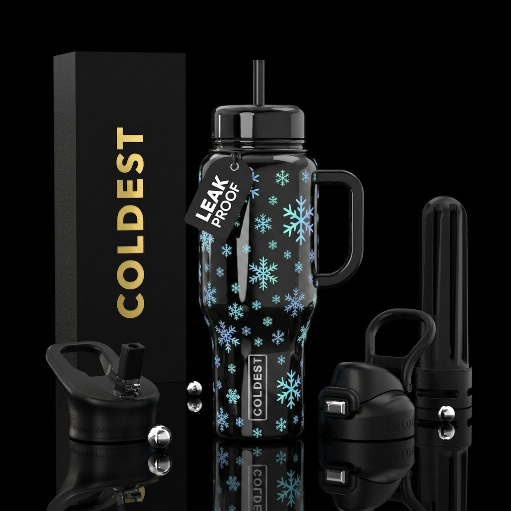 Black shiny bottle with iridescent small and large... water bottle design