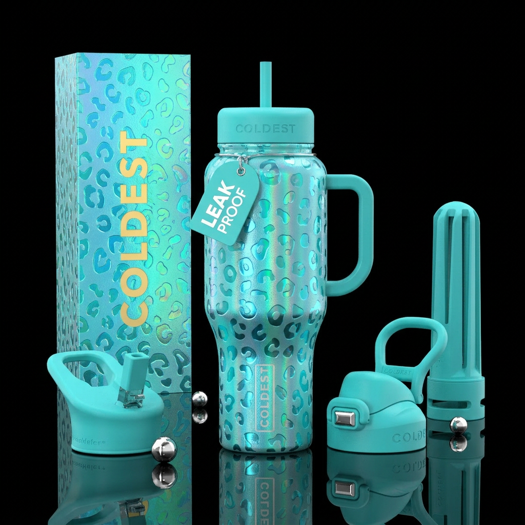 turquoise leopard, iridescent, shiny water bottle design
