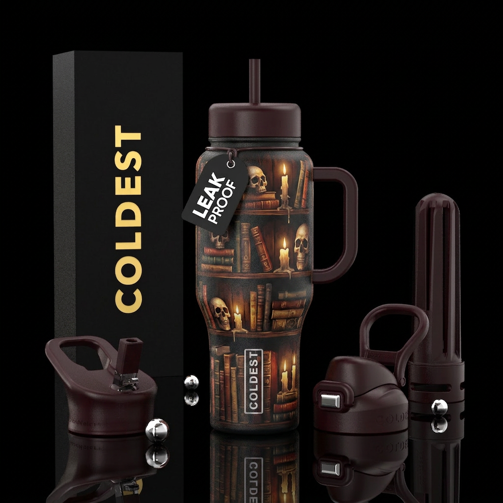 Haunted book cases skulls candles water bottle design