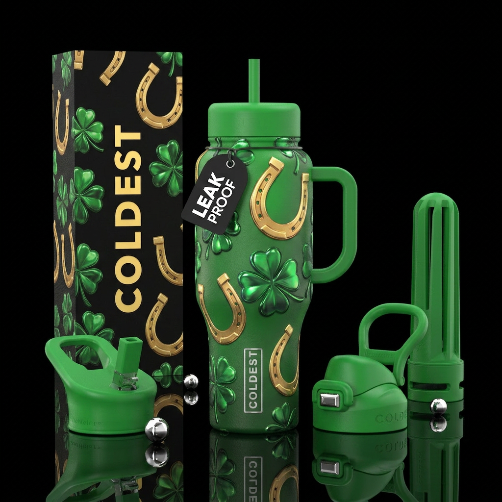 Golden horse shoes, shiny green four leaf clovers water bottle design