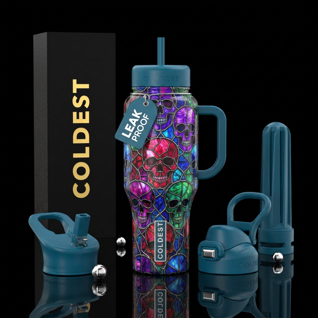 Stained glass skulls water bottle design