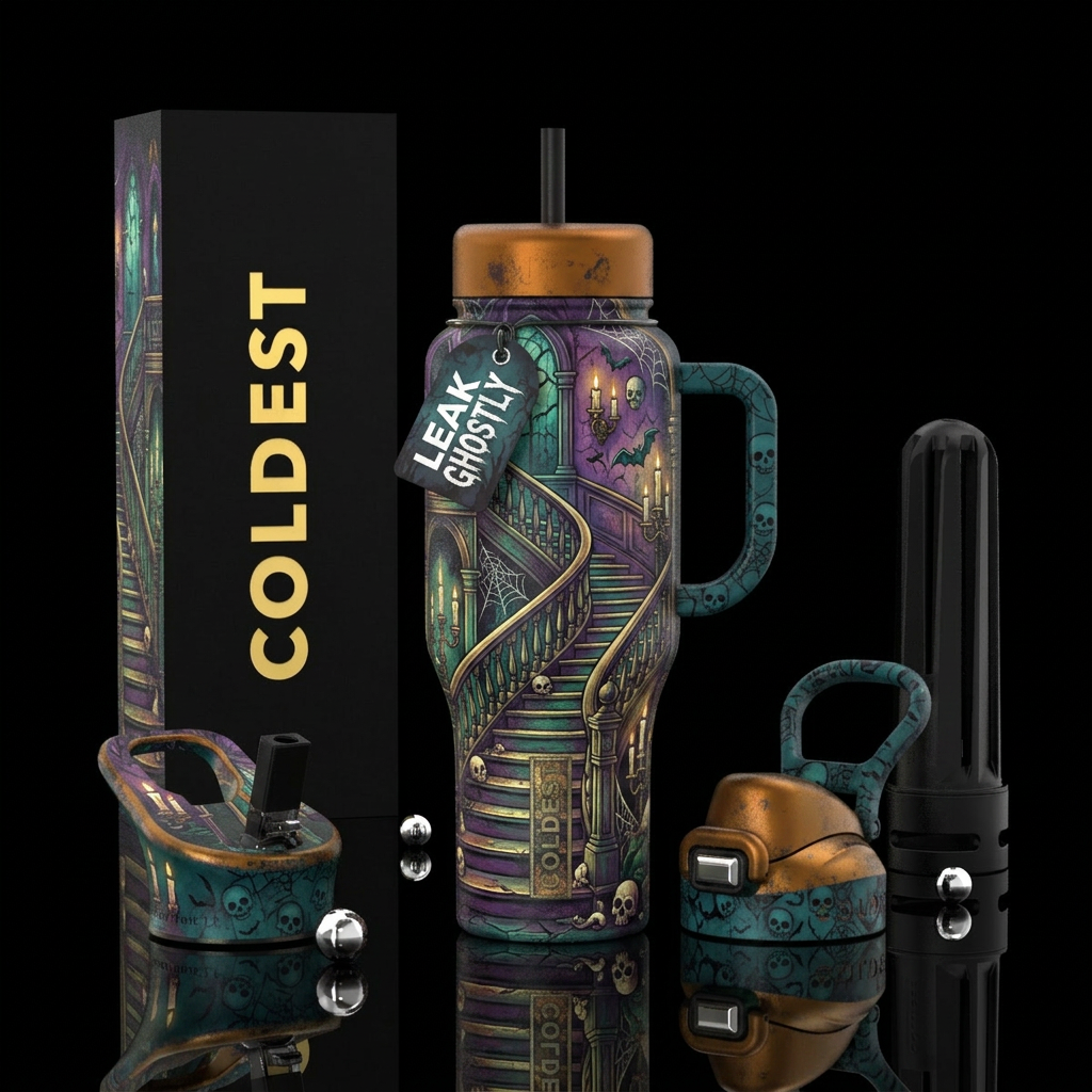 Haunted mansion staircase skulls cobwebs candles water bottle design