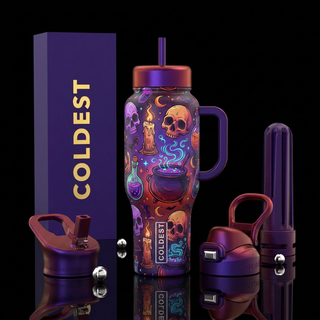 Skulls, candles, witches brew water bottle design