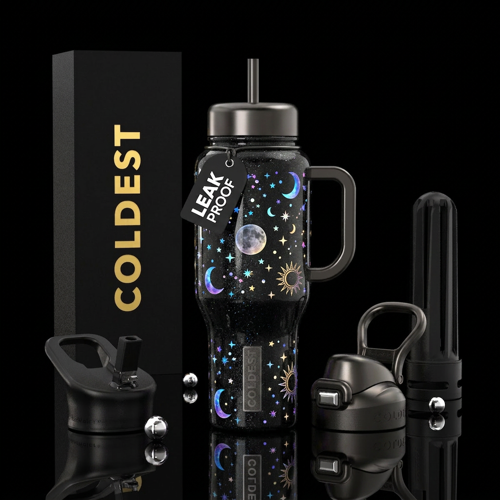 Black bottle, moonlight small stars and sun glowie water bottle design