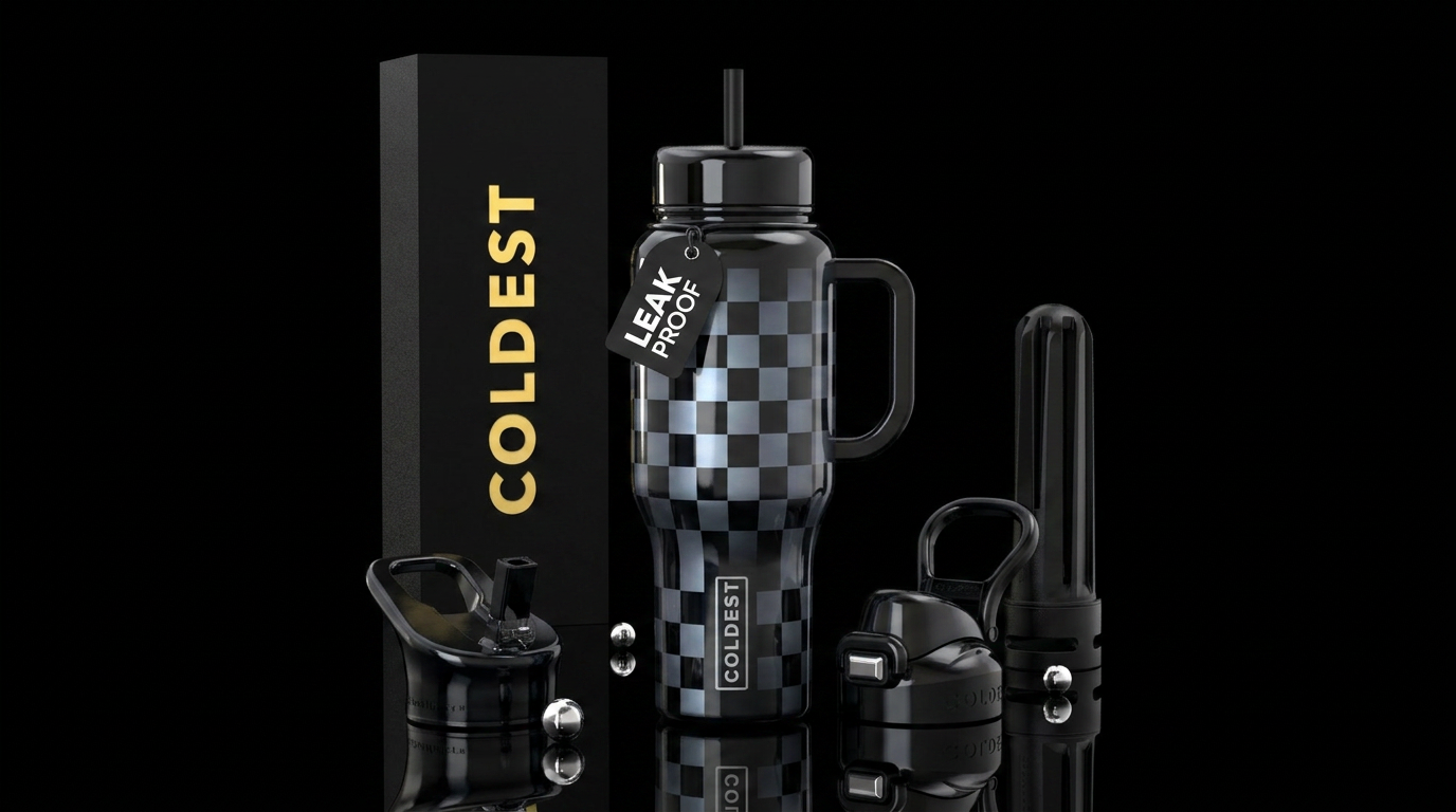 Shiny black bottle and moonlight checkers water bottle design