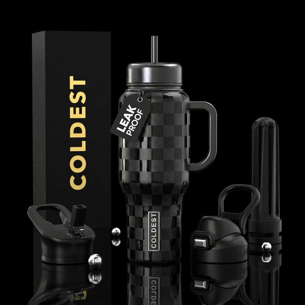 Black bottle shiny black checkers water bottle design