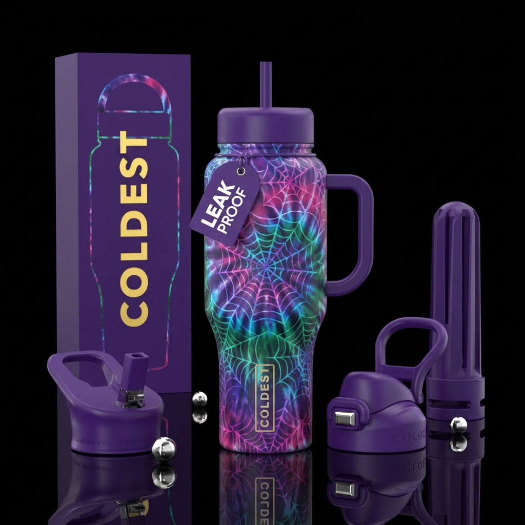Tie dyed spider webs water bottle design