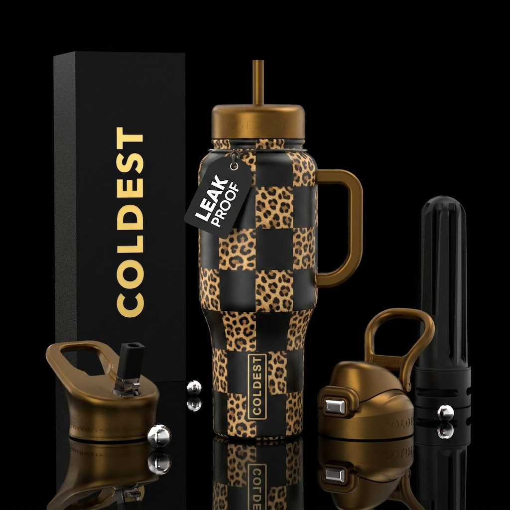 Leopard and black checkers water bottle design