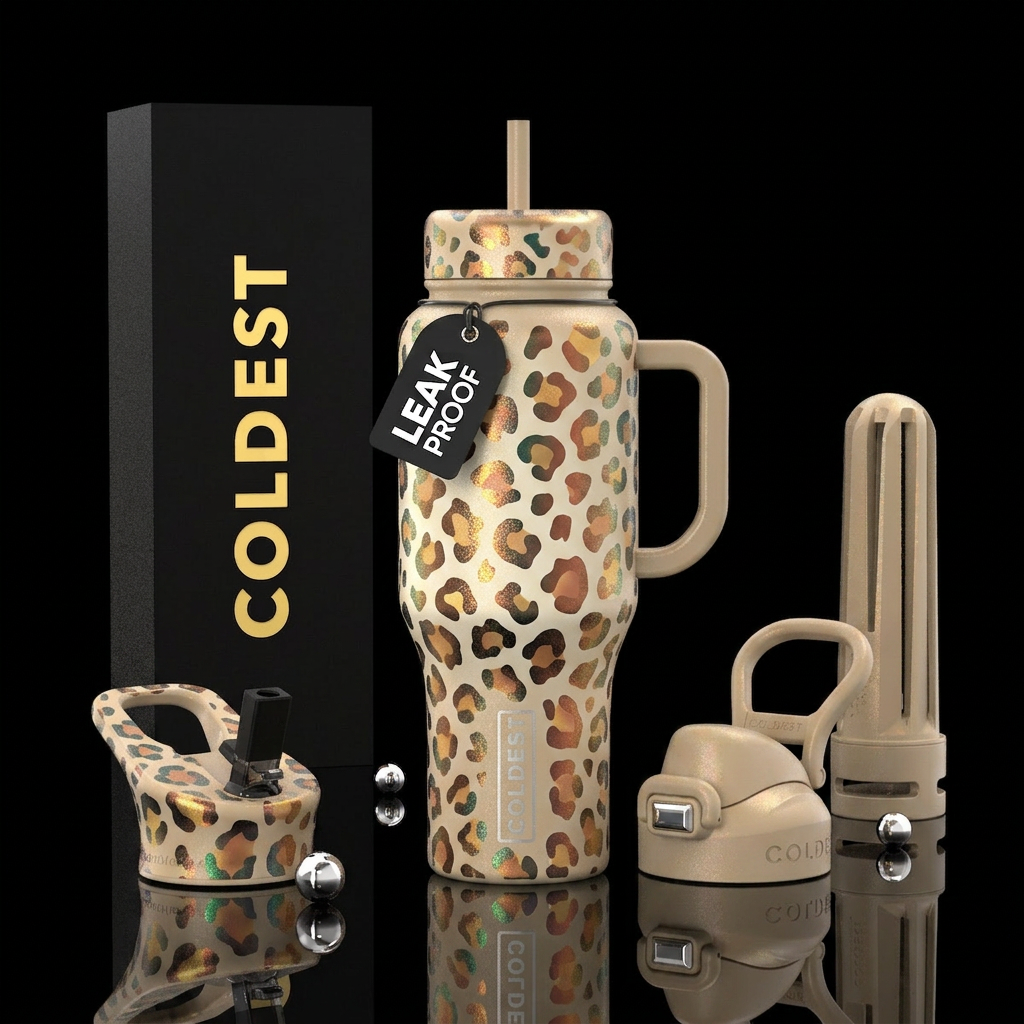 ivory, leopard, shimmer, sand water bottle design