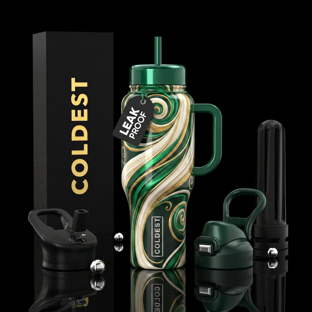 Ivory, emerald, gold dust spirals water bottle design
