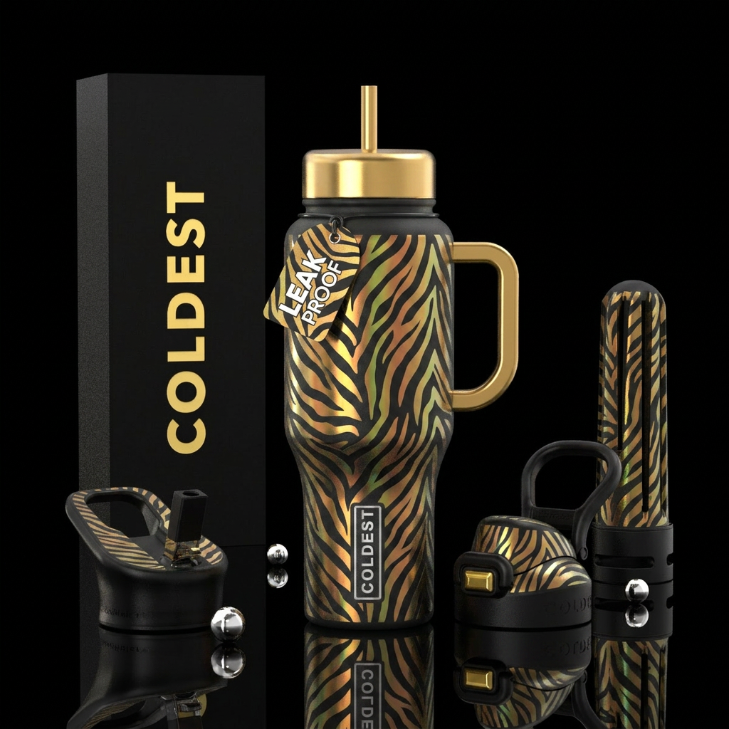 Gold black iridescent zebra water bottle design