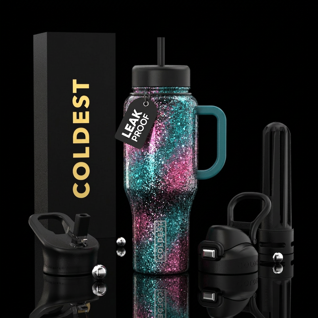 Glitter, turquoise, pink, black water bottle design