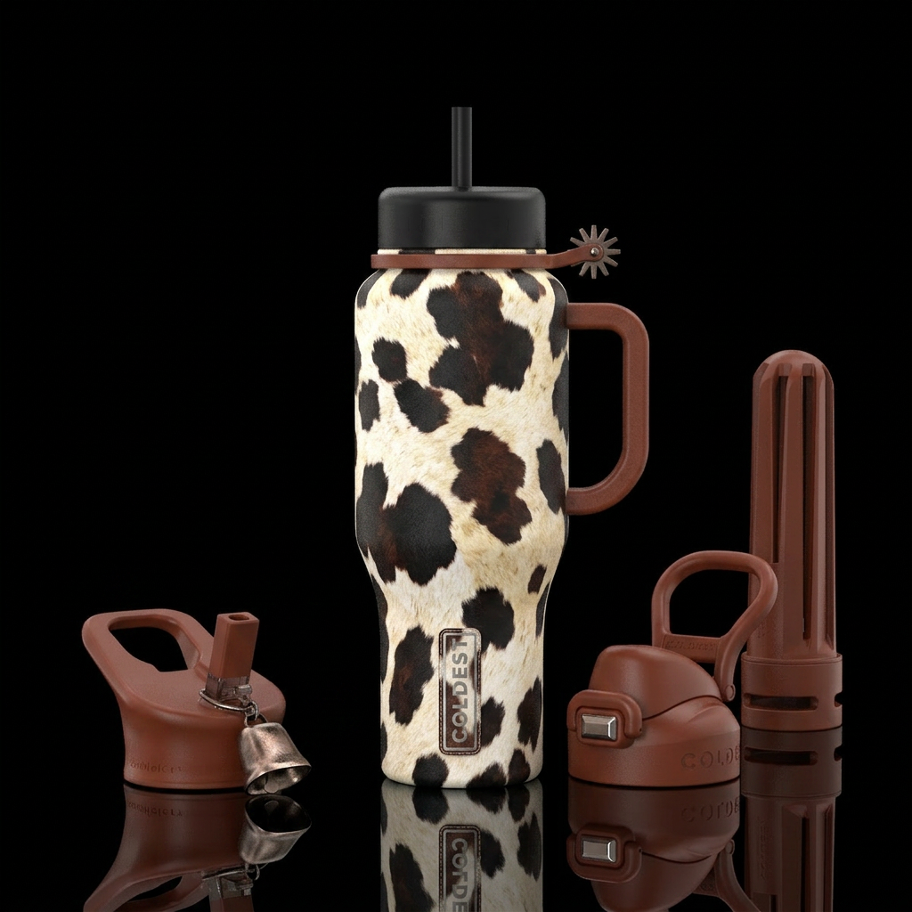 Western, cow print, frontier, cow bell, spurs, boo... water bottle design