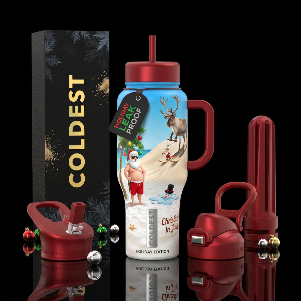 Christian in July on beach, Santa, melting snowman... water bottle design