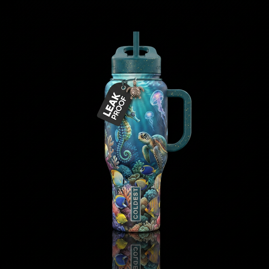 Underwater sea life, seahorse, turtle, jellyfish, ... water bottle design
