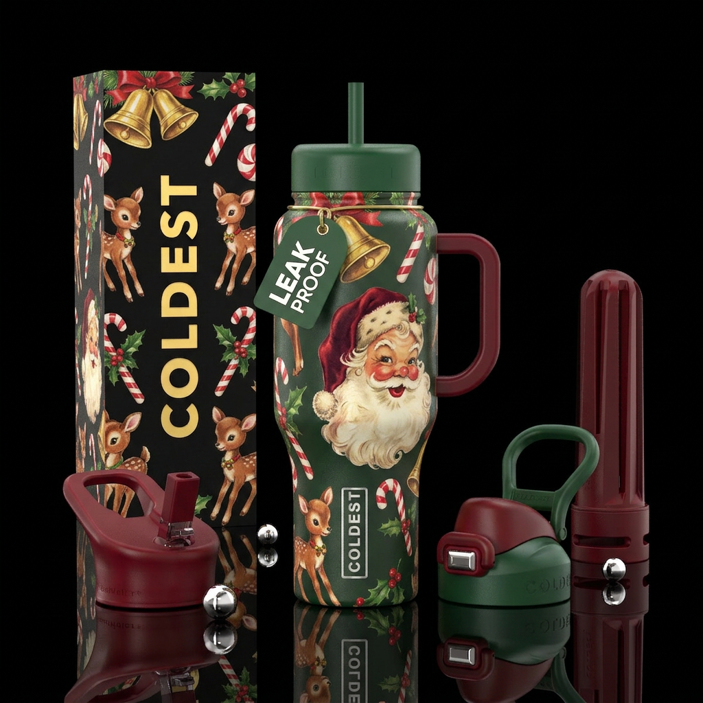 Christmas bells, baby reindeer, candy canes, holly... water bottle design