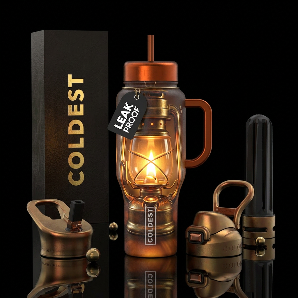 Vintage lit oil lantern water bottle design