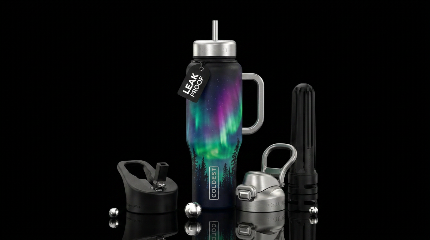 Northern lights in forest hlack bottle silver hand... water bottle design