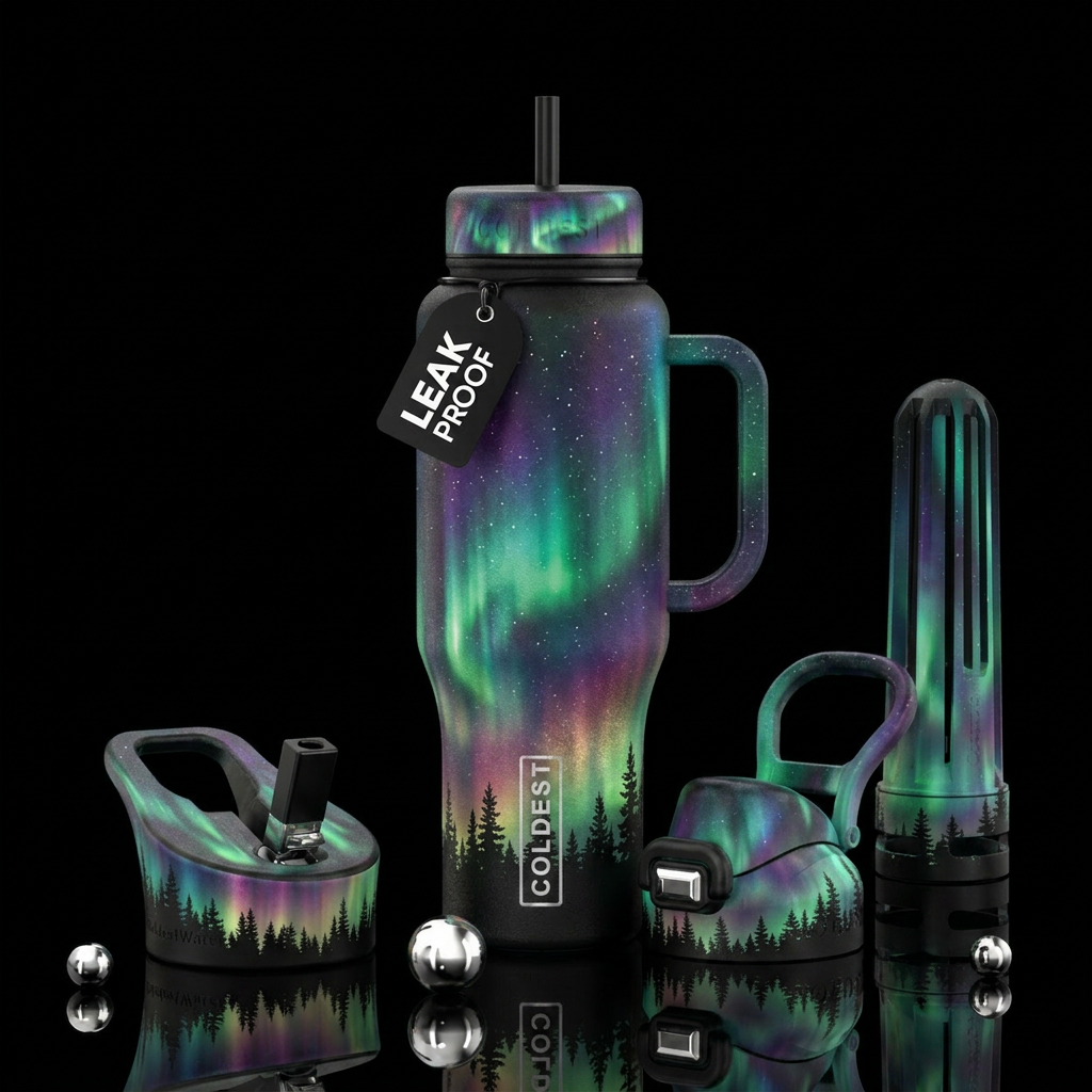 Black bottle northern lights with small trees fore... water bottle design