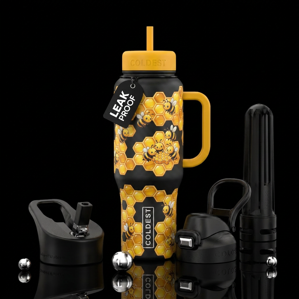 Baby bumble bees playing honey comb water bottle design