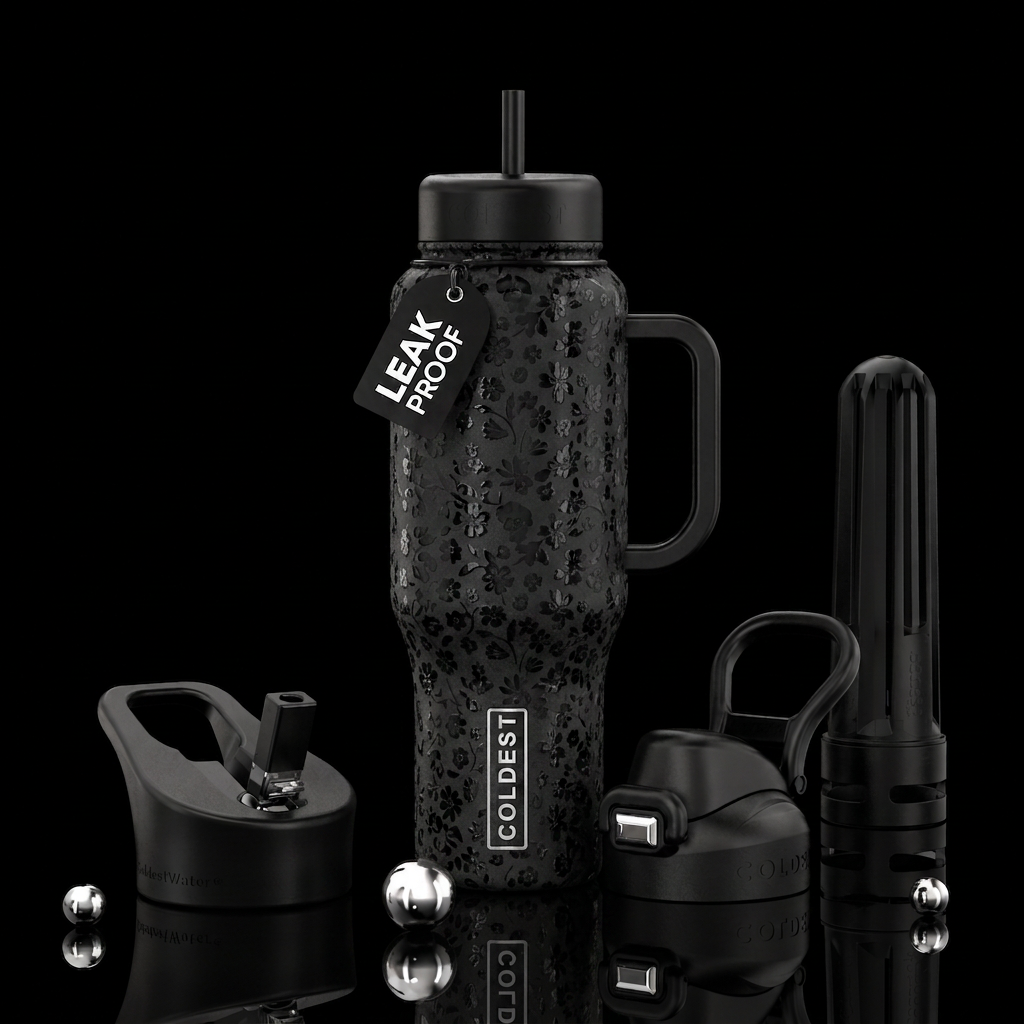 Black on black small floral water bottle design
