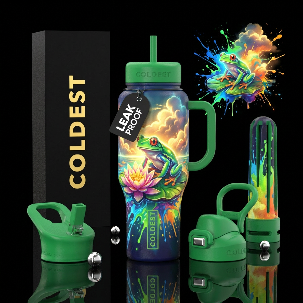 tree frog, glow, paint splash, clouds, lilly pad w... water bottle design