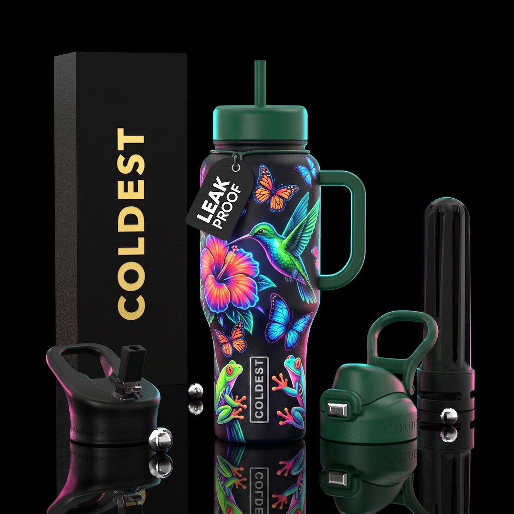neon hummingbirds water bottle design