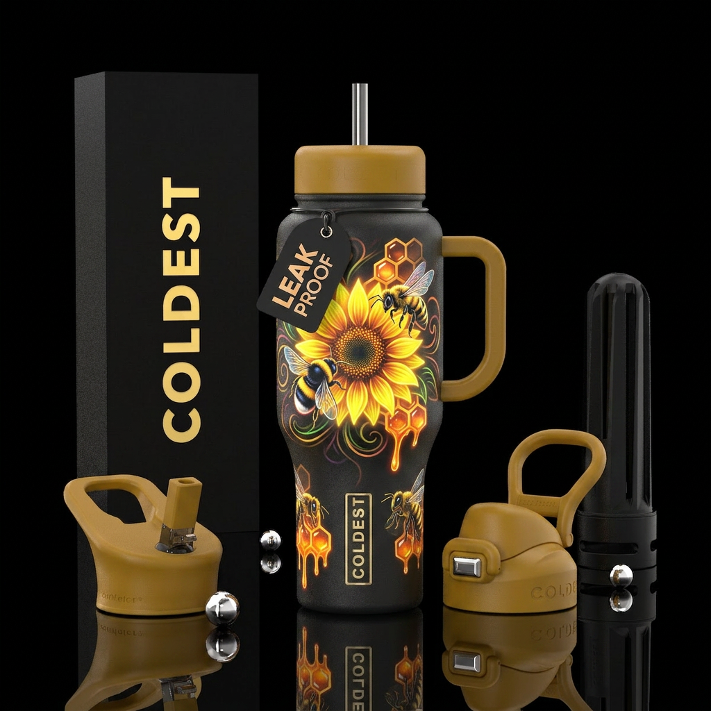 neon sunflower, bumblebees, honey bees, honey comb... water bottle design