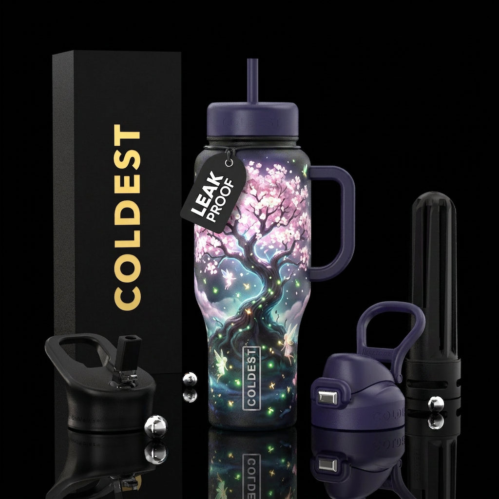 clouds, cherry blossom tree, glow in the dark fire... water bottle design