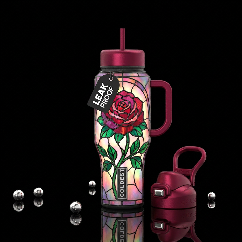 stained glass glowie enchanted rose, beautiul, mag... water bottle design
