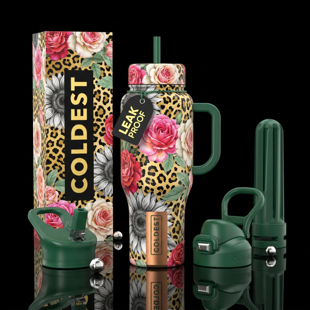 floral leopard water bottle design
