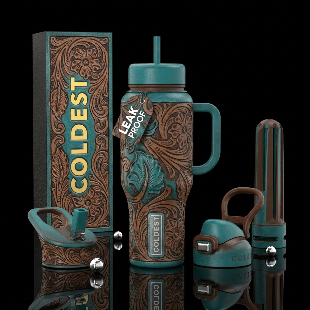 tooled teal water bottle design