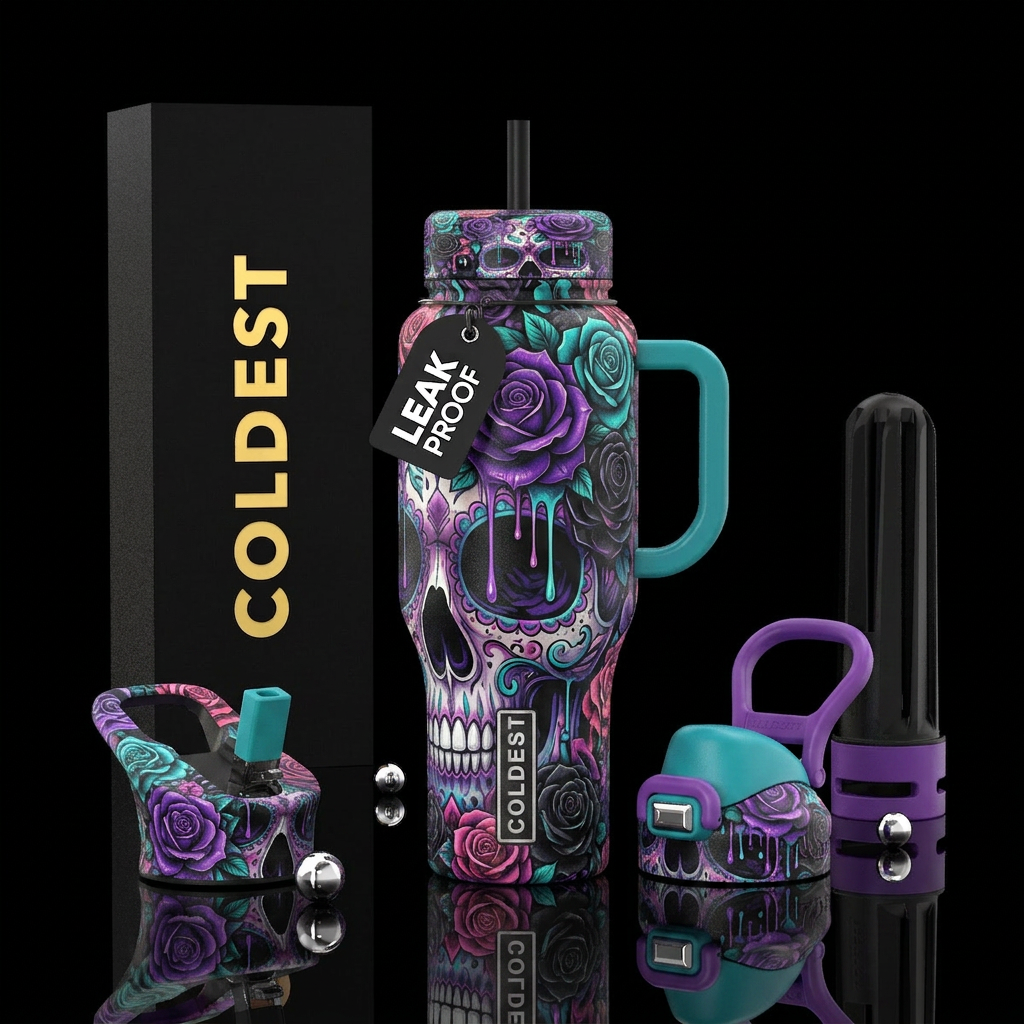 floral skull water bottle design