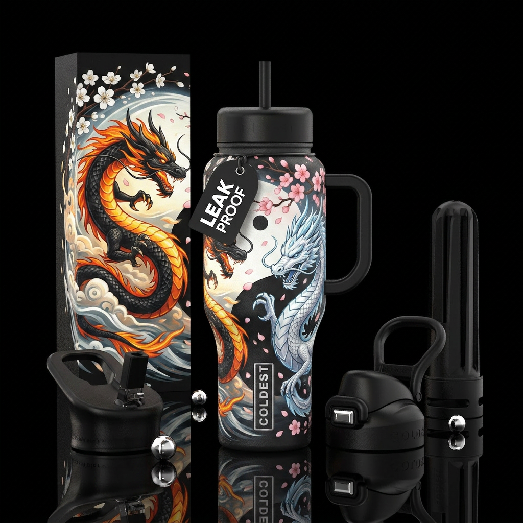 ying and yang dragons water bottle design